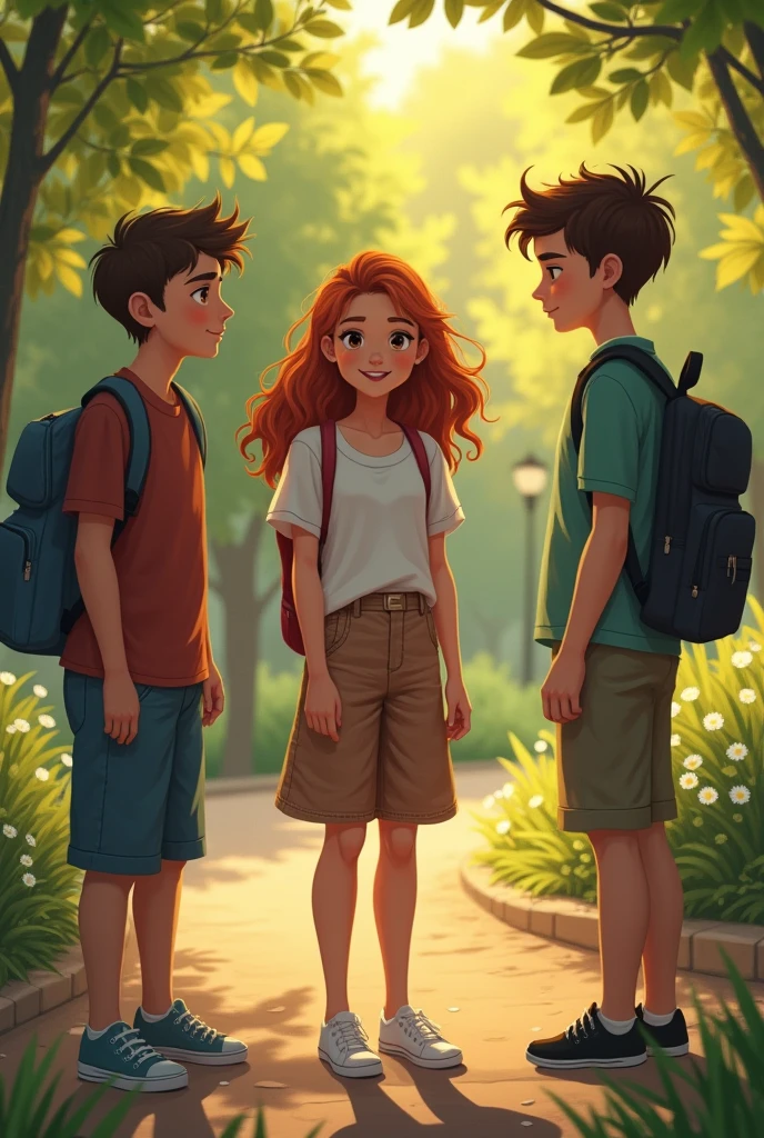 Lily arrived shortly after, her smile radiant as always. She greeted them warmly, but Jack and Alex could barely manage a smile, their initial excitement overshadowed by the awkwardness of the situation. At a park, two teen boys and one teen girl with brown hair