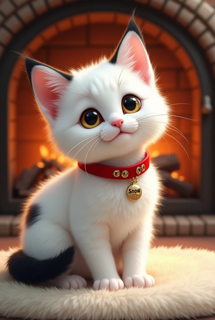 A cute and furry white kitten with a black tail with a black spot on its back and black markings after its ears and a black muzzle with yellow eyes with a red collar with a pendant saying "Snow" what is the name of the cat sitting on a rug with a fireplace behind it