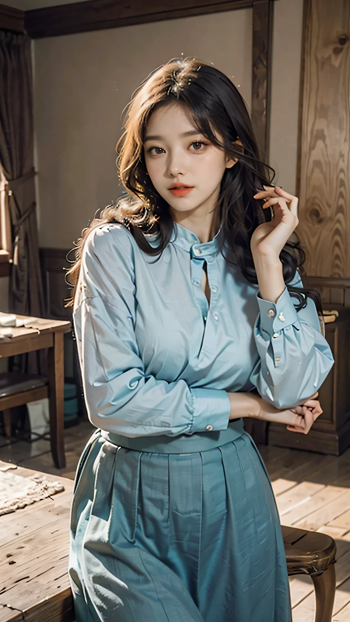 detailed background, masterpiece, best quality, 1 person , curly hair, long hair, purple eyes, star in eye , turquoise blouse, long skirt, cute different poses, indoor wood furniture ,light wood color,, upper body