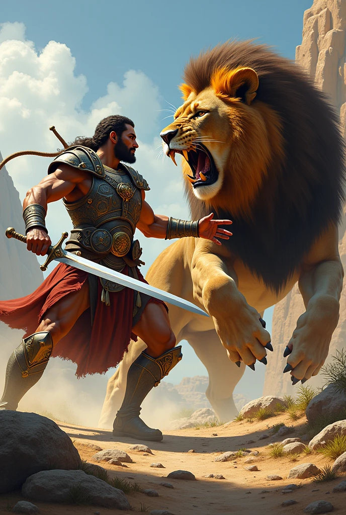Create an image of a warrior fighting a lion