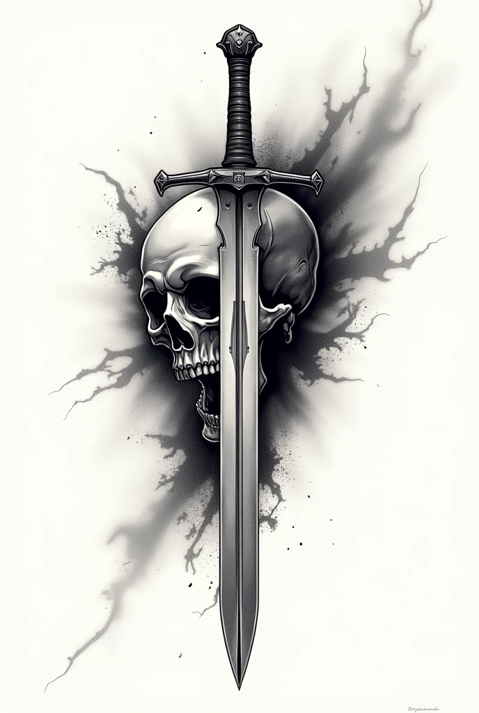 tattoo design of a skull with a sword stuck behind the skull vector design