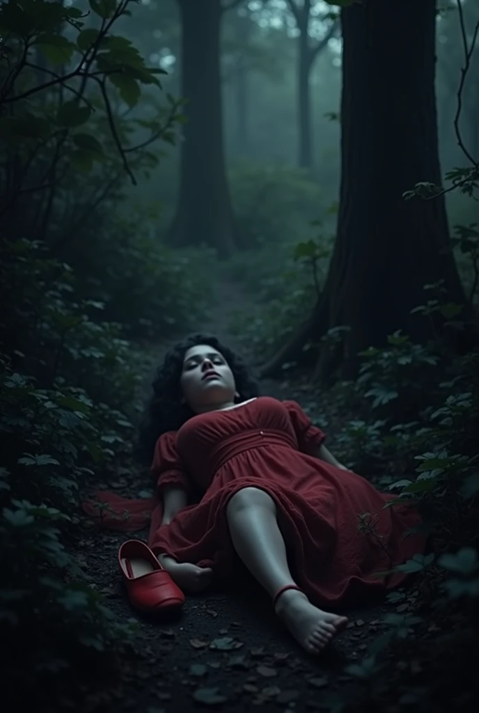 A young dead white woman in red frock lying on the forest floor, surrounded by lush greenery and a mysterious, moody atmosphere,and a single red slipper with its sole facing upward