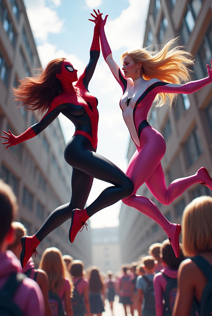 Spider women and spider Gwen fighting in their suits in front of students 
