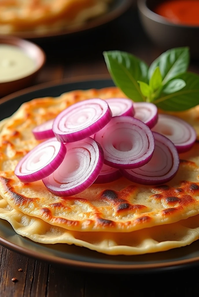 make a typical malaysian big canai roti and onion slices on top that are cut into pieces