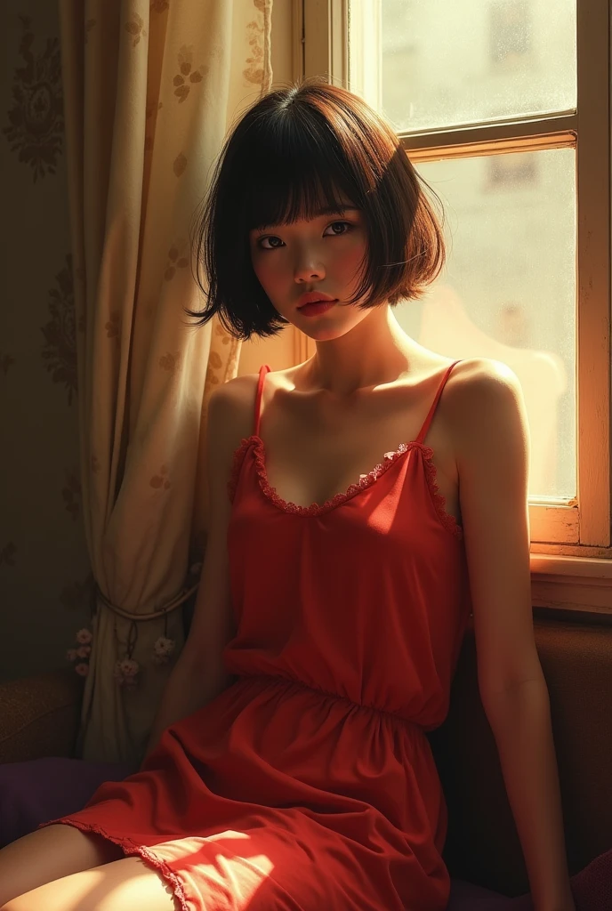 (photorealism:1.2), 1girl, 20 years old, typical, normal dim light, pretty cute, bob cut, red mini dress, .score_9, score_8_up, score_7_up,score_6_up, window with sunlight, cozy room, relaxed pose, realistic, intricate details, warm colors, by Greg Rutkowski, by Alphonse Mucha
