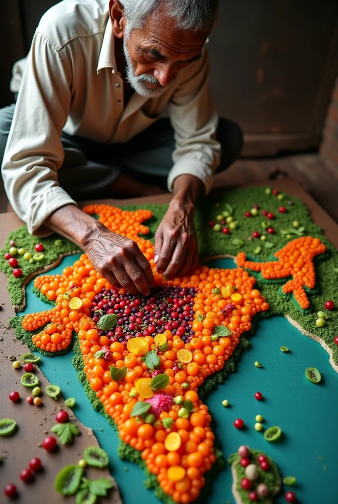 Indian Old man made a beautiful Indian map using fruits and vegetables