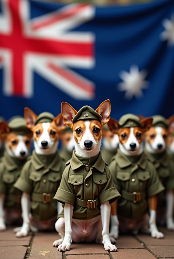 Army of jack Russell's in soldier uniform in front of Australia flag