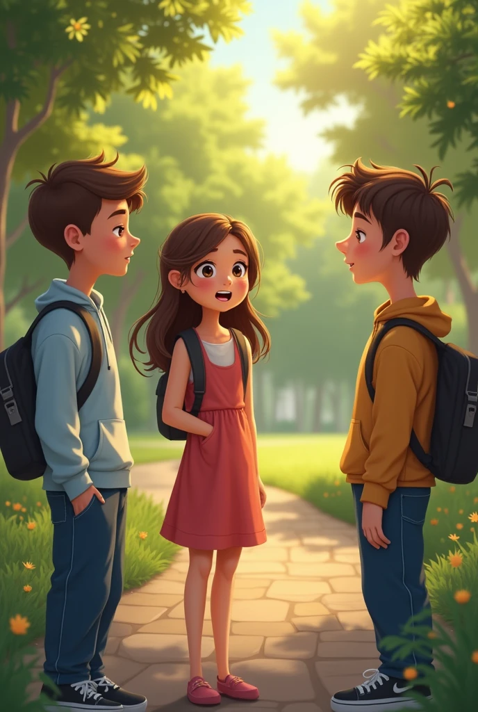 Lily arrived shortly after, her smile radiant as always. She greeted them warmly, but Jack and Alex could barely manage a smile, their initial excitement overshadowed by the awkwardness of the situation. At a park, two boys and one teenl with brown hair!!!
