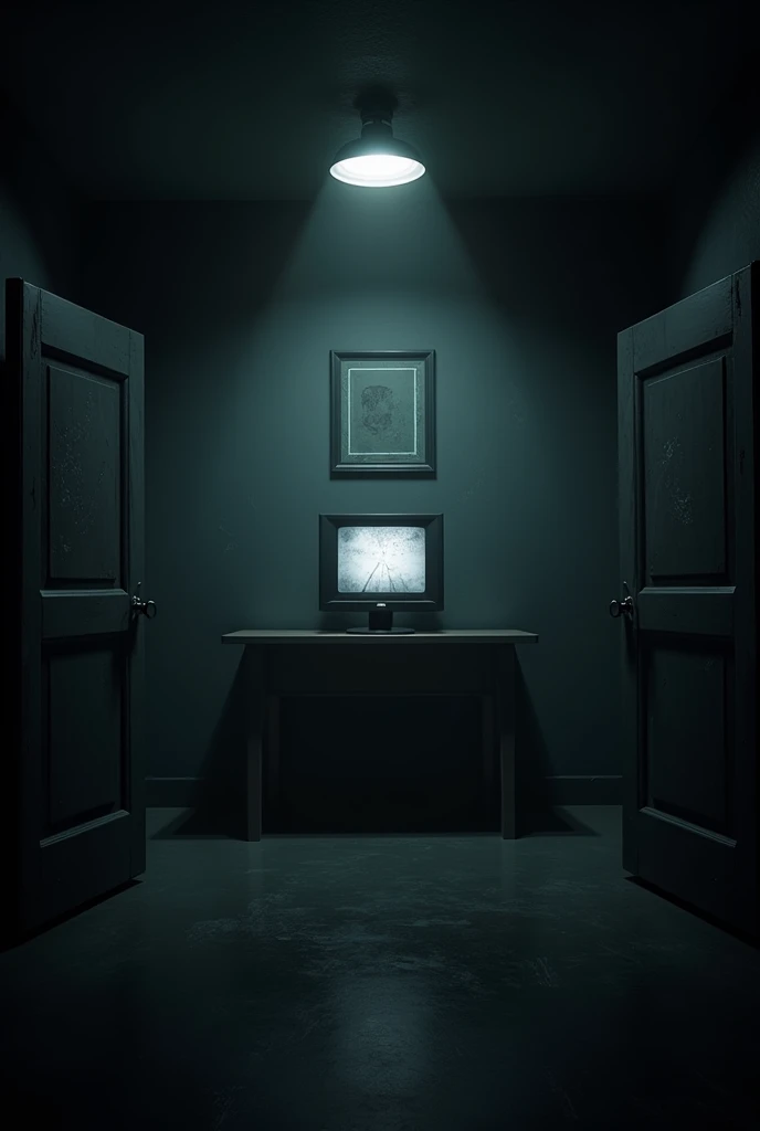 I want you to create images. I'm going to use them in a fnaf fan game I'm making., call "Five Night's at Sandman". Image Description: A dark and gloomy room, with a table and a security monitor on top of it (linked with a static image). There needs to be a half-open door on the sides of the table. (not completely open). Place them on the wall in front of the table., and not on the sides. Important: A DOOR ON EACH SIDE OF THE TABLE! *The image needs to be in first person, as if the camera were a person's eyes* make a realistic image. REMEMBER THE IMAGE IS FOR A GAME/FNAF STYLE FAN GAME!