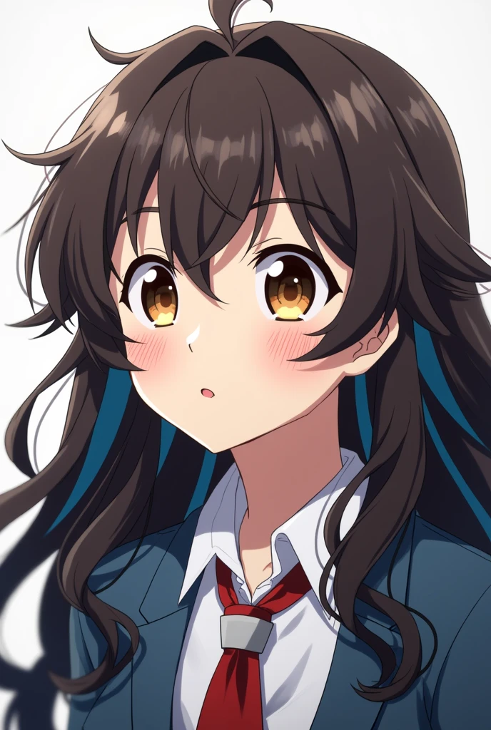 Screenshot My hero academia. A girl with long dark brown wavy hair with blue streaks. With honey-colored slanted eyes, with freckles wearing the UA uniform