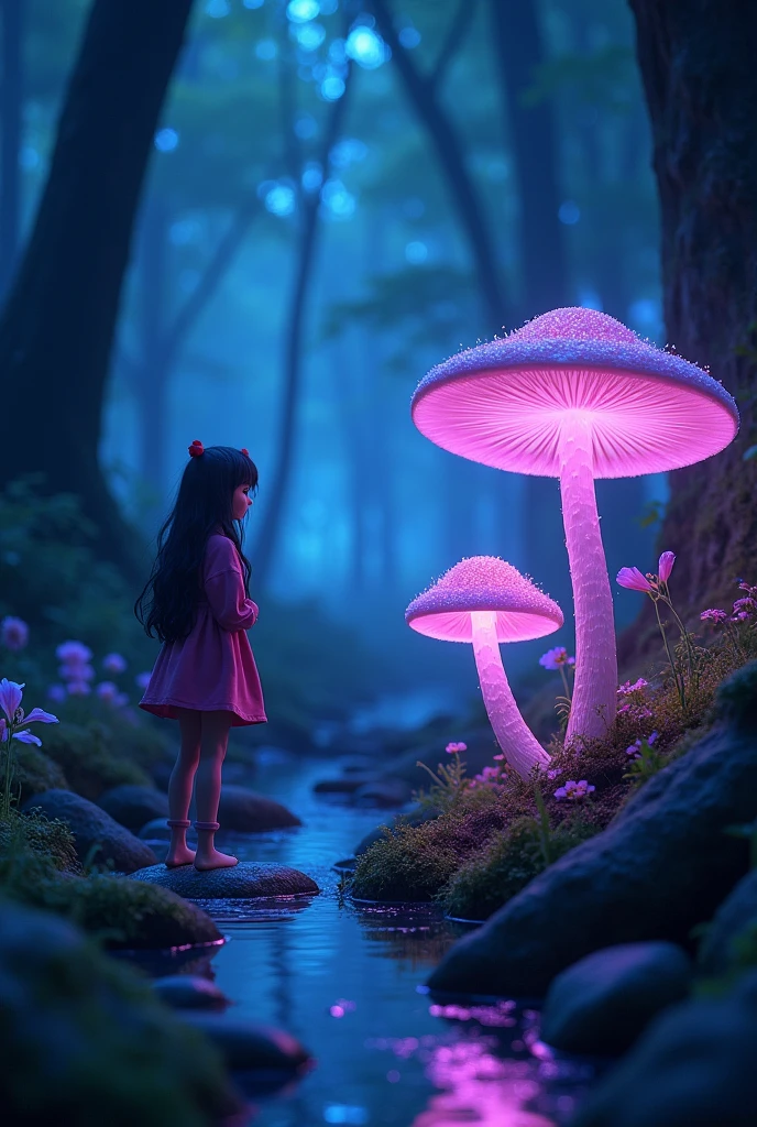 On the other side of the stream, Lila spotted something extraordinary—mushrooms that glowed with an ethereal light. They pulsed with a soft, inviting glow in shades of blue, pink, and purple. Curious, Lila hovered closer and noticed that the mushrooms seemed to hum with a gentle melody, resonating with the energy of the forest. The path of glowing fungi seemed to lead somewhere mysterious, and Lila eagerly followed.