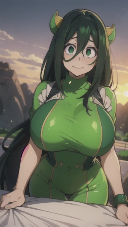 a beautiful anime girl with huge breasts, Tsuyu Asui from My Hero Academia, highly detailed, 3D render, masterpiece, photorealistic, hyper realistic, extremely detailed, cinematic lighting, vivid colors, soft lighting, realistic textures, delicate features, elegant expression, dynamic pose, beautiful background scenery