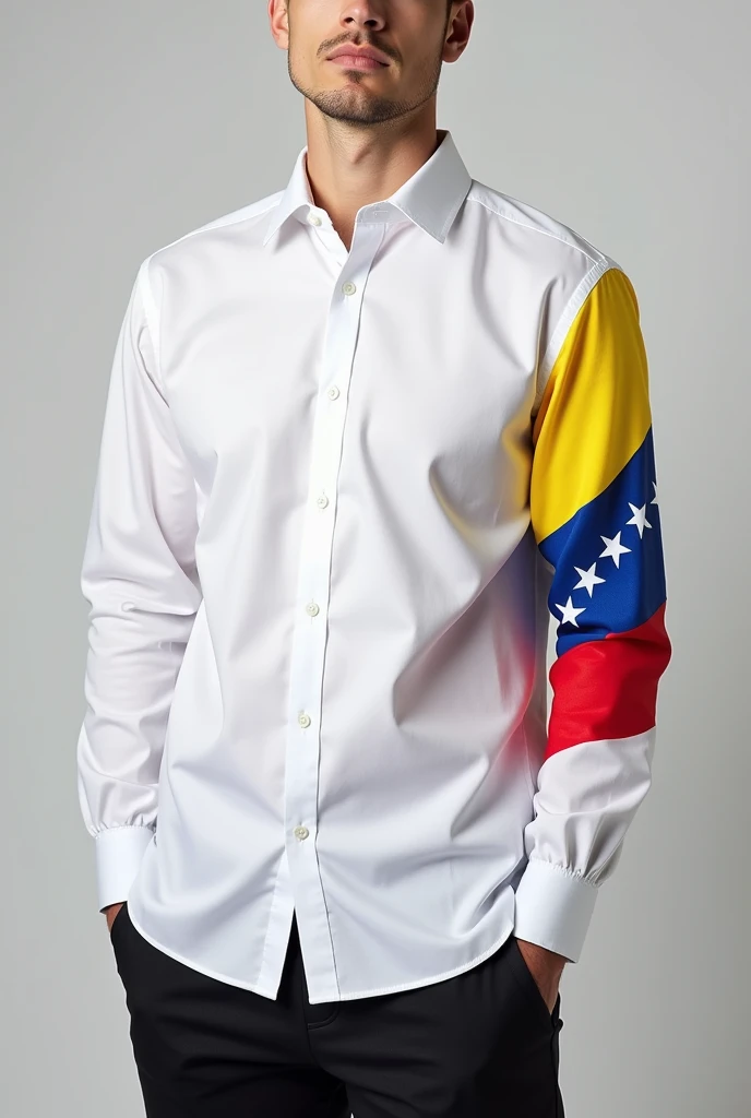 Photograph of the front of a long-sleeved white dress shirt design, that has on a single sleeve of the shirt from the shoulder to the wrist the flag of Venezuela in yellow diagonals, blue and red, drawn with its 7 legible and extended white stars