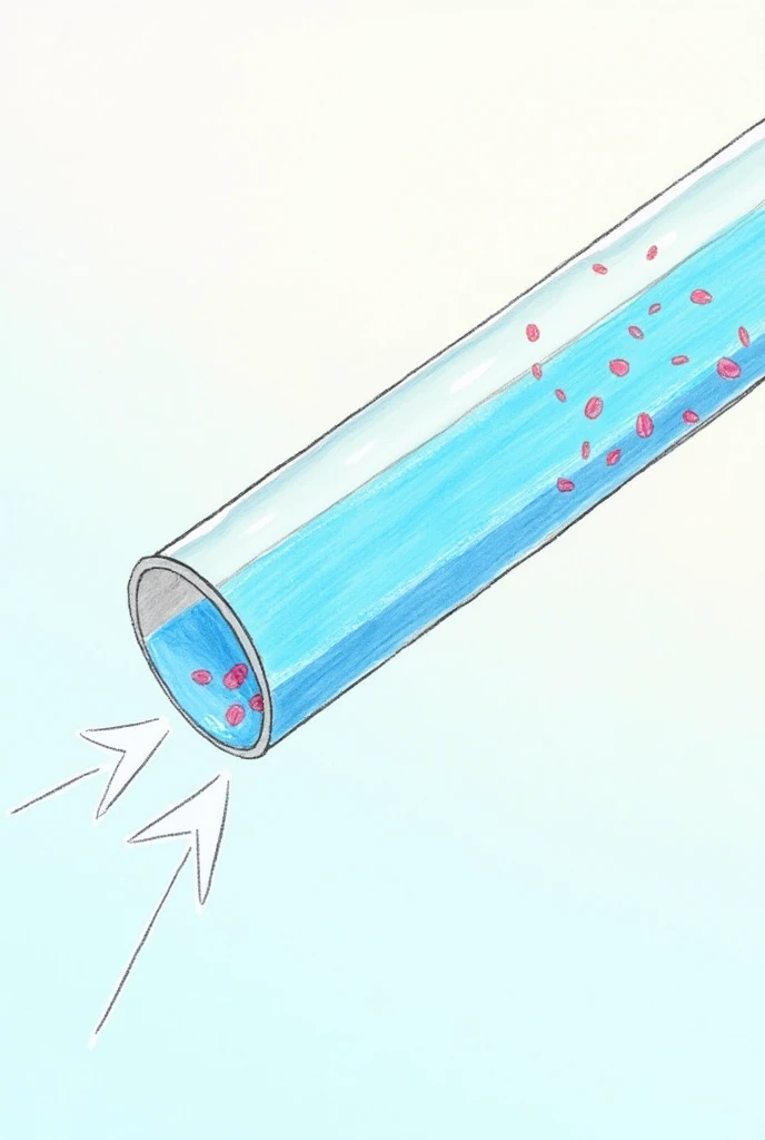 Pencil drawing style illustration of a transparent pipe seen from the outside. The pipe runs diagonally across the image from left to right.. Inside the pipe, A bright blue liquid flow is seen with white arrows indicating the direction of movement. Small colored particles or bubbles floating in liquid to represent mass flow. Simple background with pastel colors. Visual style similar to an educational diagram or infographic, not realistic."