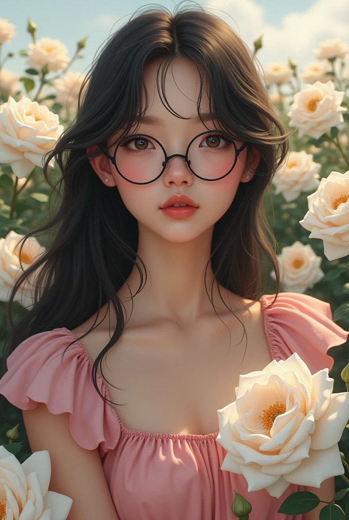 The girl in the picture has long, dark hair that is loose. Her complexion is light brown. She has full lips and large, round eyes that are partially covered by glasses with thin, round black frames. Her face is oval, with delicate features. She is wearing a large pink dress against the background of a field of white roses