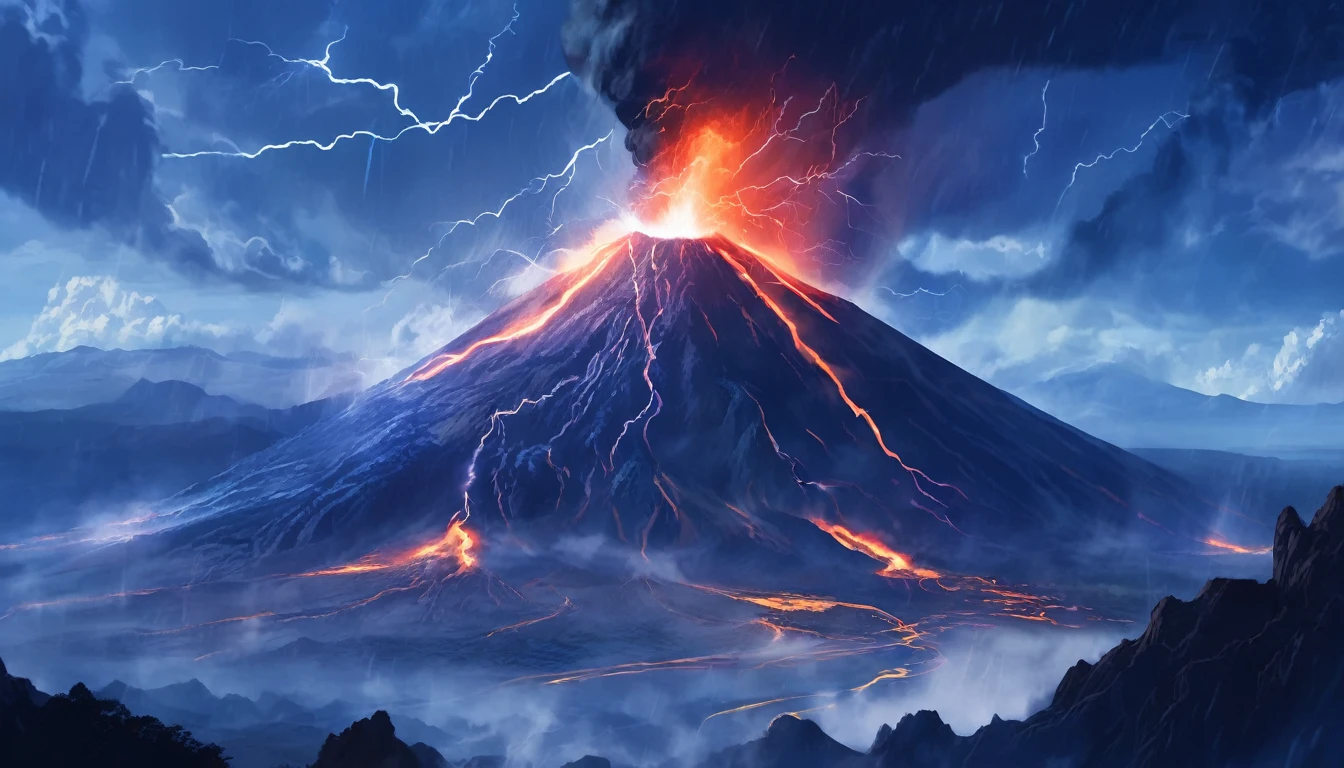 Volcanic eruption with blue lightning