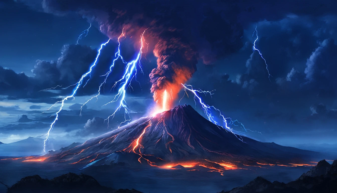 Volcanic eruption with blue lightning