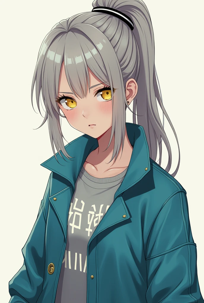 You can make a full body girl with long hair tied up with a black and white elastic, with yellow eyes, of clothes: cyan jacket, grey shirt with white