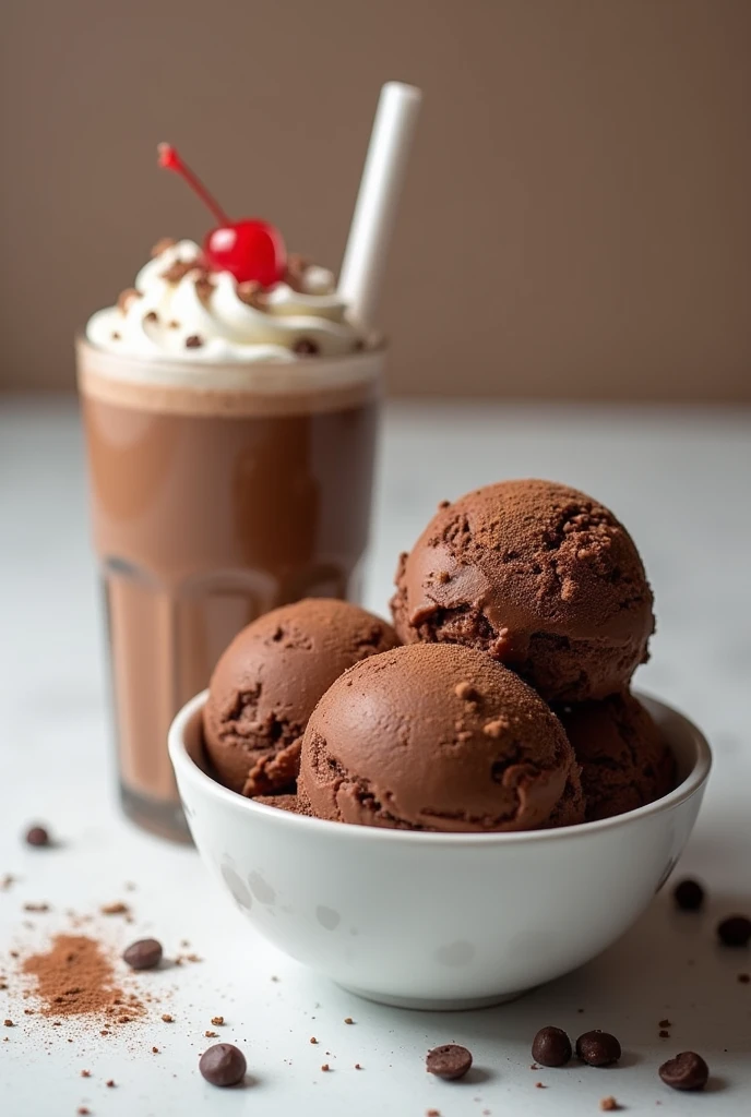 three scoops of chocolate ice cream in a bowl + milkshake