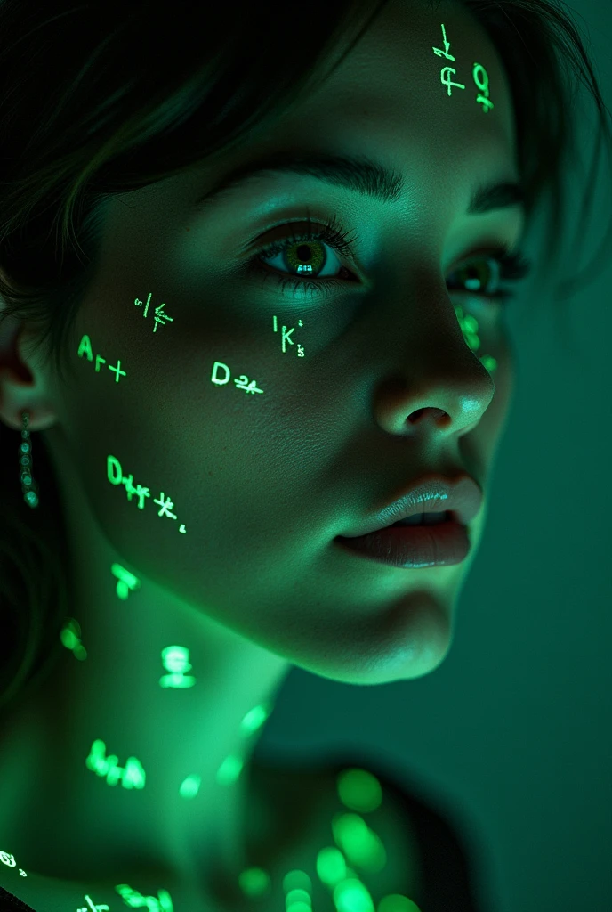 Close-up of a woman's face, glowing green holographic equations, projected onto the skin. gaze, Realistic Features. dark background, cyberpunk aesthetics. Glowing Mathematical Formulas, handwritten style. Futuristic, High-tech atmosphere. photorealistic rendering, dramatic lighting, sharp contrast
