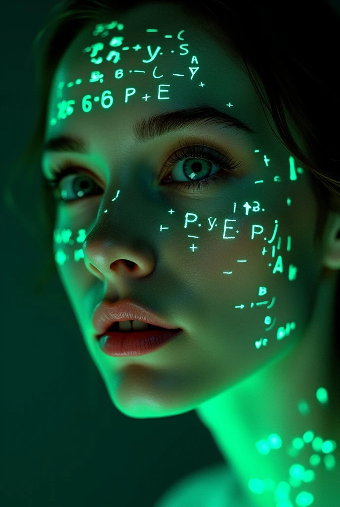 Close-up of a woman's face, glowing green holographic equations, projected onto the skin. gaze, Realistic Features. dark background, cyberpunk aesthetics. Glowing Mathematical Formulas, handwritten style. Futuristic, High-tech atmosphere. photorealistic rendering, dramatic lighting, sharp contrast