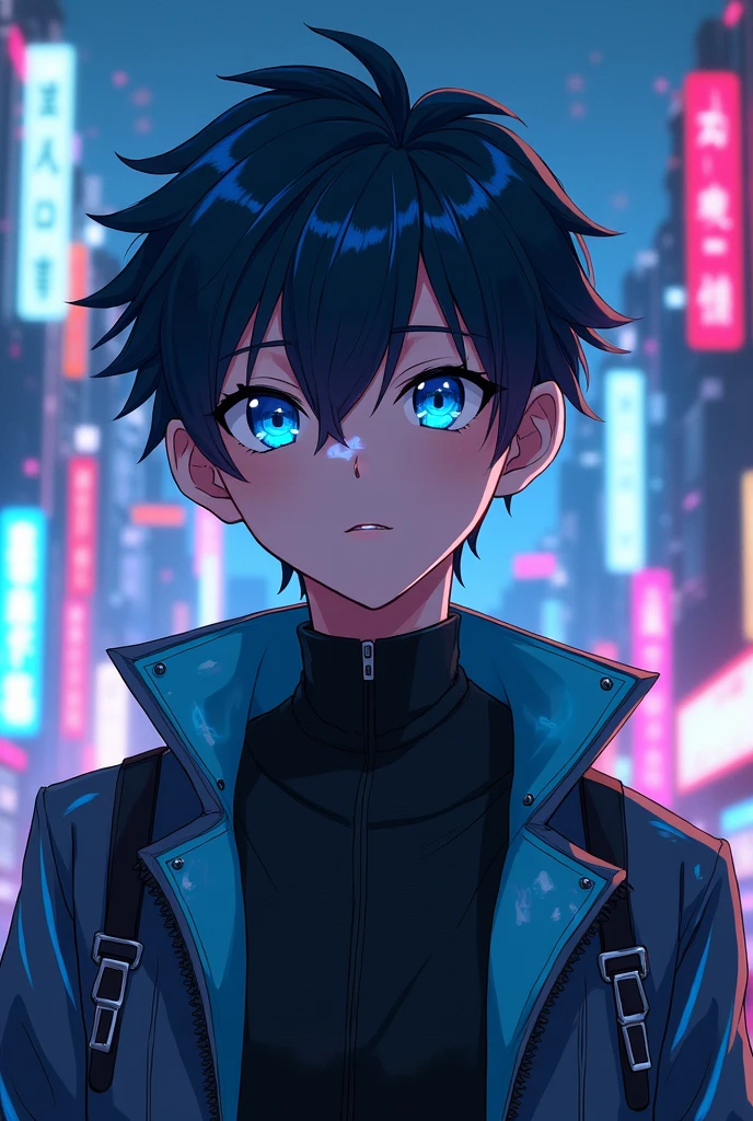 20 year old anime boy with vibrant blue eyes make it like Cyberpunk anime character