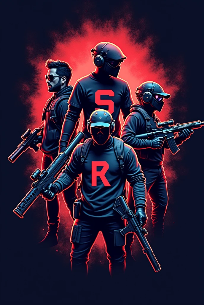 Gamer logo of three people with weapons and initials on their shirts (s)the other one (k) y the other one (D)