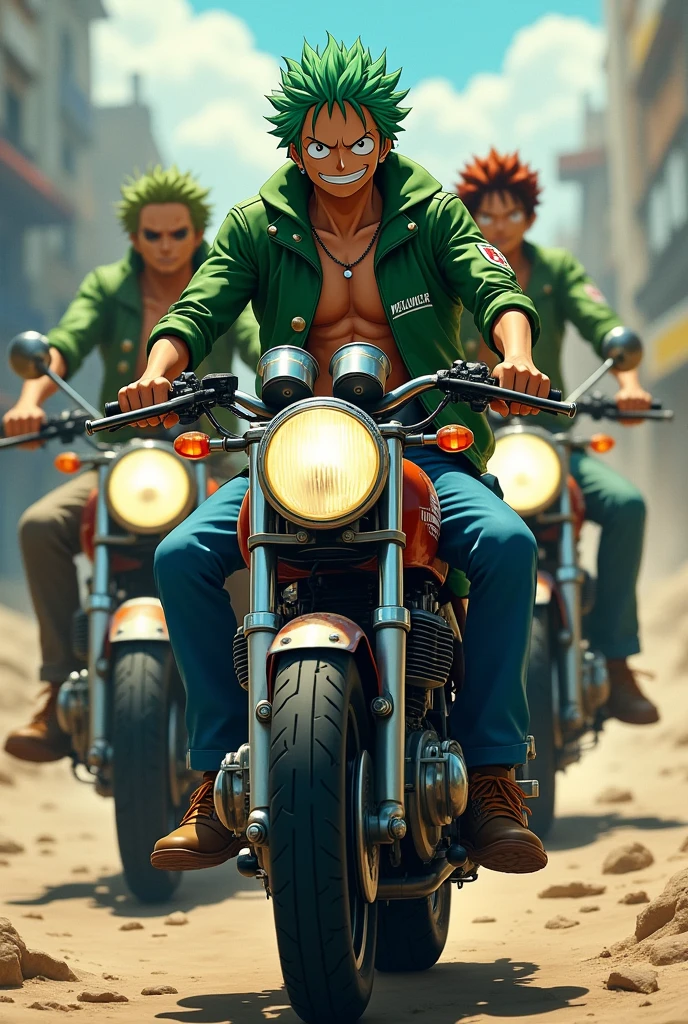 Zoro rides a step through Honda , Zoro brings his friends who are in one piece, all of them are wearing green motorbike jackets, there is the word MELUNCUR on the jacket, wearing long jeans, and wearing motorbike shoes, all his friends look excited.
