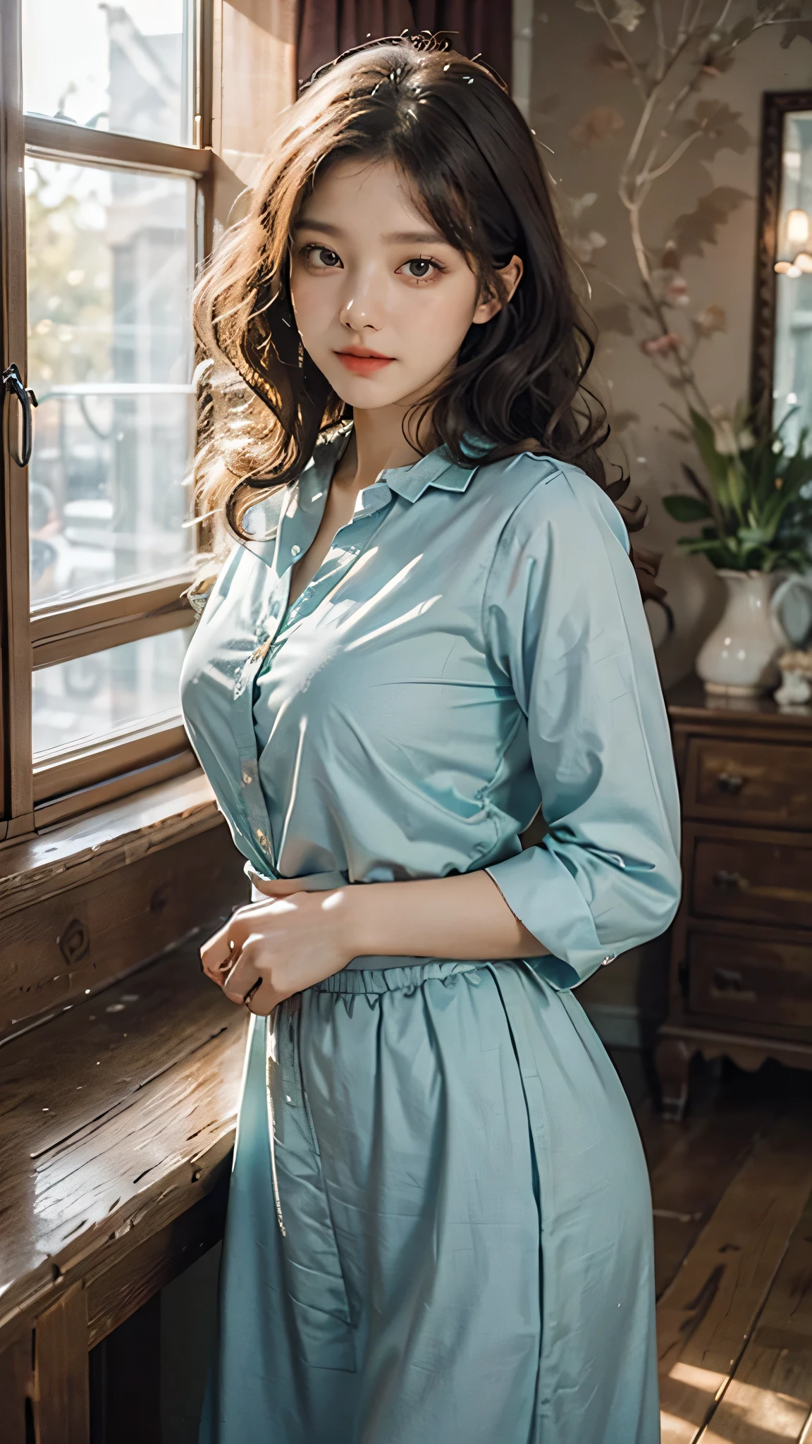 detailed background, masterpiece, best quality, 1 person , curly hair, long hair, purple eyes, star in eye , turquoise blouse, long skirt, cute different poses, indoor wood furniture ,light wood color,, upper body