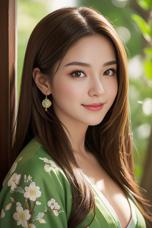 Extremely realistic, Beautifully detailed、High resolution portrait masterpiece of a girl with long hair。, Shiny brown hair and captivating green eyes, Wearing a kimono、She has a gorgeous smile that accentuates her perfectly shaped breasts..