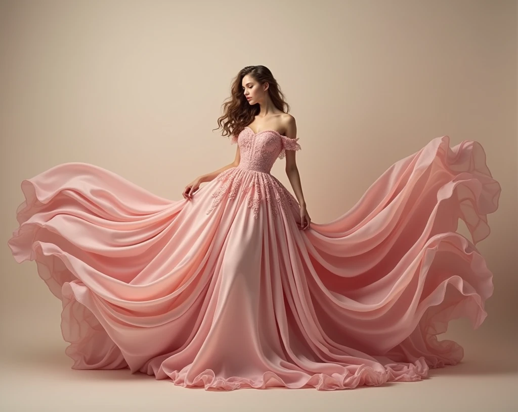 lady with a pink gown flowing in air very big area . full body shot