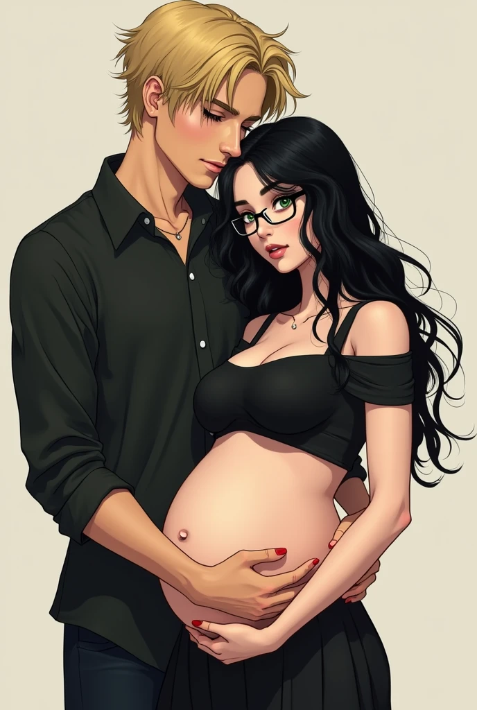 White woman with black hair, with glasses pregnant showing her belly in a crop top and a skirt and her blonde emo hair husband hugging her from behind 