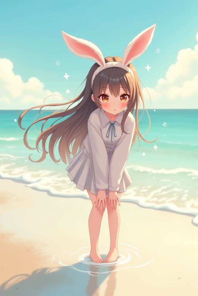 beautiful photo, Highest quality, cute, Beach, pastel colour, Fluffy bunny ears, , Brown long hair, Rabbit doll, Twinkle Star, Brown eyes, cute表情, cuteもの,   White skin, Active, Are standing, bending upper body, Soak your feet in water, Wind, Place your hands on your knees, whole body,Super mini size
