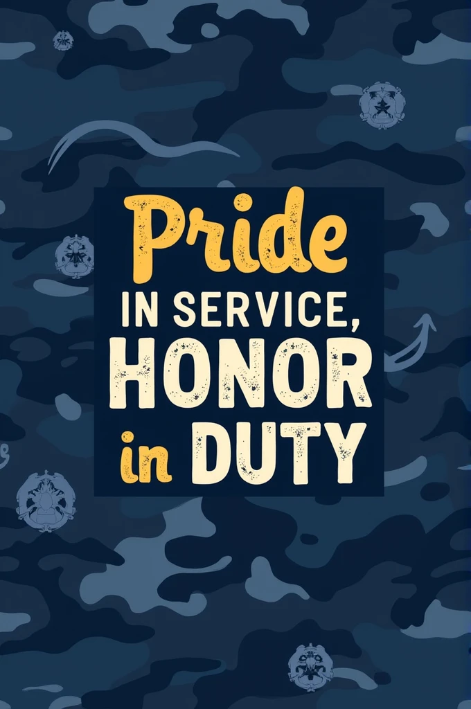 - **Front**: Use a camouflage pattern in navy blue with subtle Navy insignias.
- **Quote**: Incorporate the quote “Pride in Service, Honor in Duty” in a contrasting color.