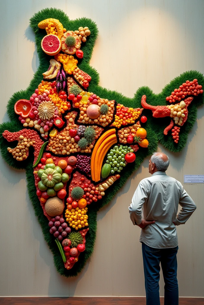 Indian Old man made a beautiful Indian big map using fruits and vegetables