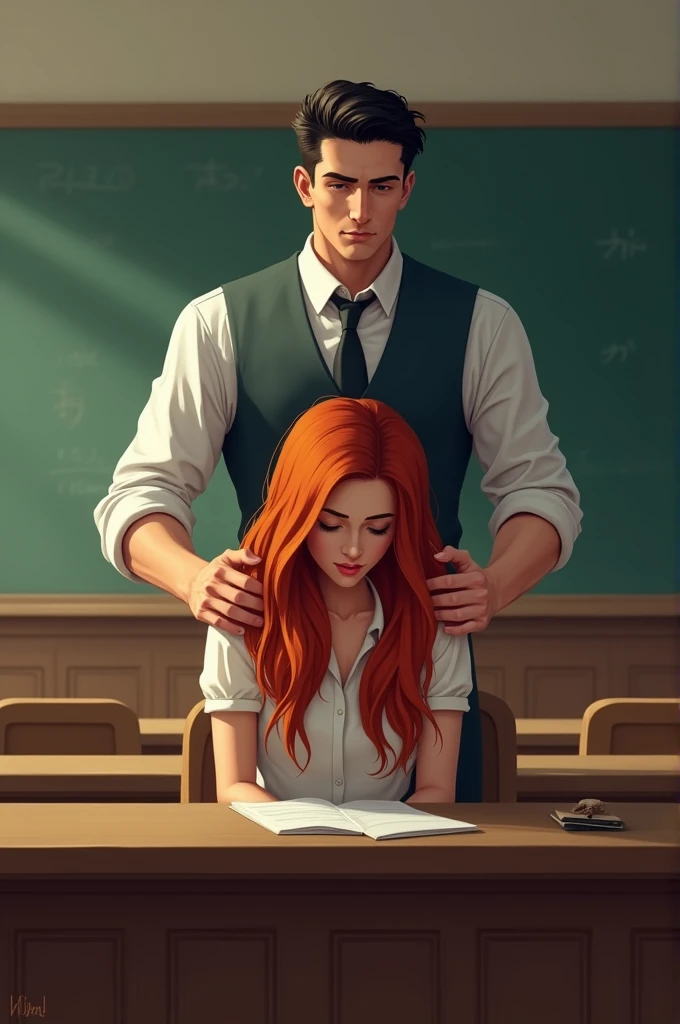 Dans une salle de classe une etudiante avec des cheveux rouges ondulés et longs . Elle est ise derriere un pupitre la tete baissée soumise a son professeur
Le prof vient de l'île de la reunion il a un teint mat des cheveux noi court il provoque son élève en se mettant derriere elle les mains sur ses epaules
. Sur son visage on voit la satisfaction d avoir le controle sur son eleve