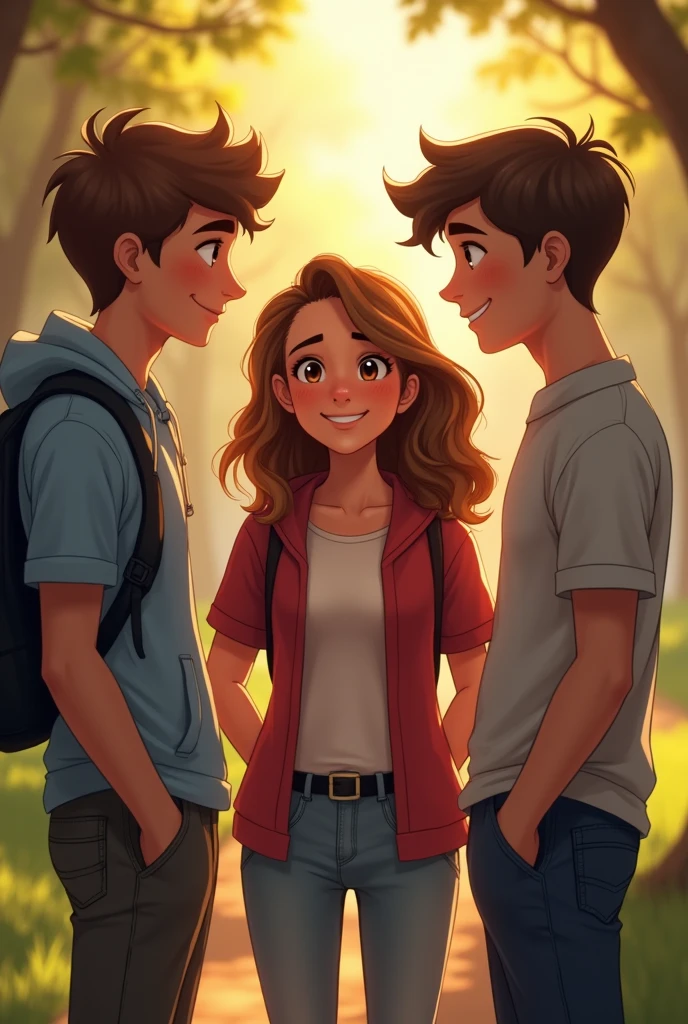 Lily arrived shortly after, her smile radiant as always. She greeted them warmly, but Jack and Alex could barely manage a smile, their initial excitement overshadowed by the awkwardness of the situation. At a park, two teenager boys and one teenager girl with brown hair!!!