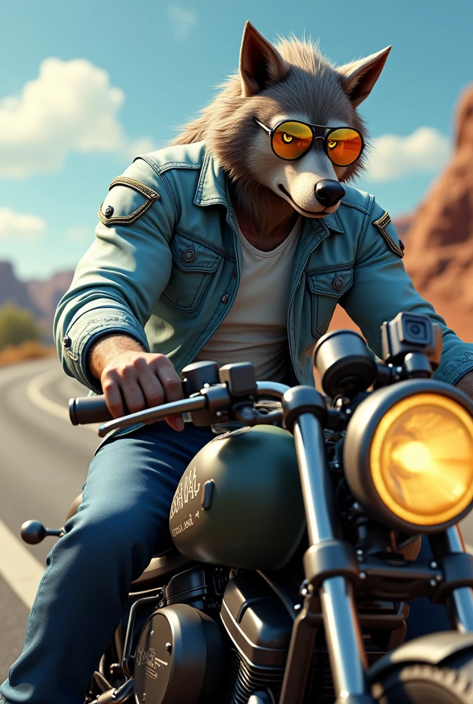 Create a biker werewolf with a white shirt and a light blue denim jacket on top.,  who drives a chopper style motorcycle. Also add some yellow glasses for myopia. And he has a Go Pro recording it so he can upload videos to YouTube. 