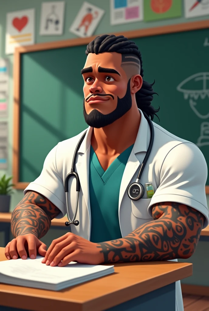 Animated style image of a veterinarian, man, dark-skinned, using braids, with a degraded haircut, with tattoos on their arms, in a classroom with a blackboard in the background