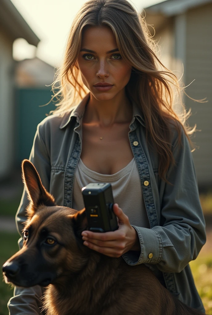 Create a photo of a woman holding a repellent next to a dog  