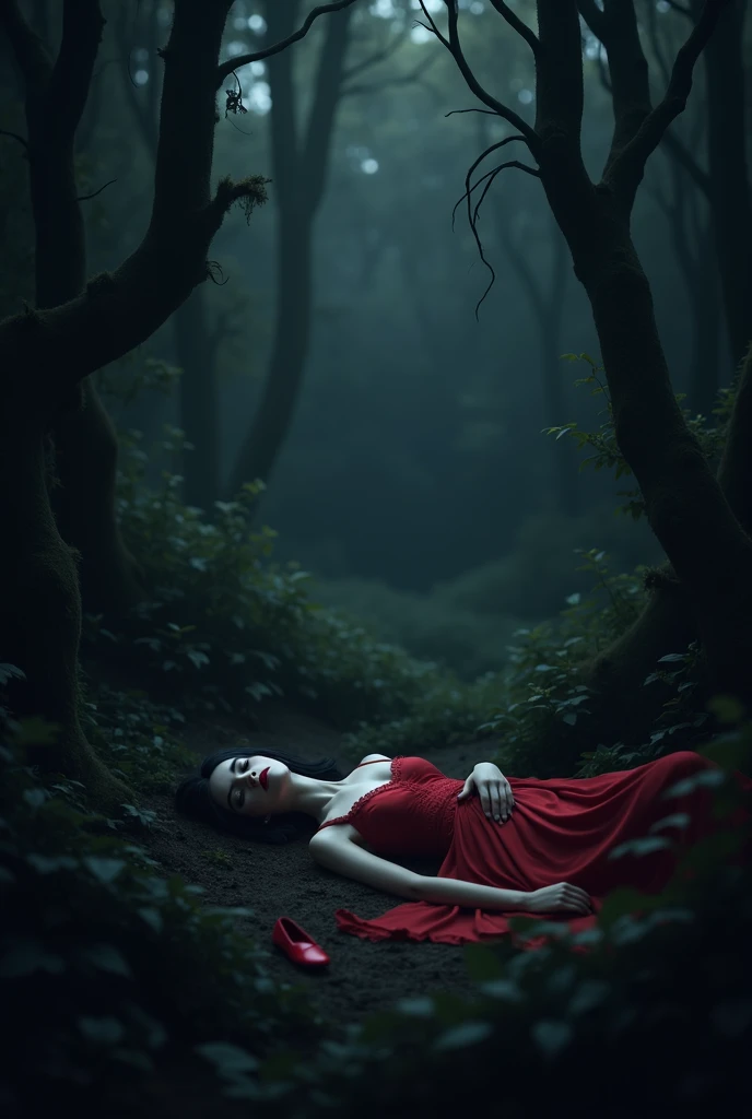 A young dead white woman in red frock lying on the forest floor, surrounded by lush greenery and a mysterious, moody atmosphere,and a single red slipper with its sole facing upward