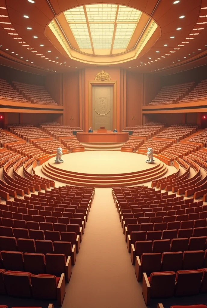 A very huge and wide meeting hall, with many rows and Columns of chairs devided with 7 walk ways,bright light in the building,ceiling with many spot lights, A very wide Huge circular flat stage in the, a white statue of two lions setting on opposite edge of the stage