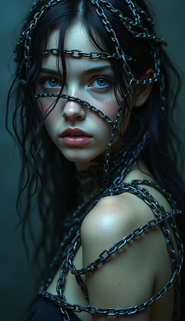 a detailed portrait of a girl with chains, intricate metal chains wrapped around her body, cold metal chains contrasting with soft skin, chains draped across her face, chains hanging from her arms, chains cascading down her back, chains coiled around her legs, the chains have a worn, weathered look, beautiful detailed eyes, beautiful detailed lips, extremely detailed face, long eyelashes, dramatic lighting, dark shadows, high contrast, moody atmosphere, muted colors, blue tones, cinematic composition, breathtaking realism, digital painting, masterpiece, (best quality,4k,8k,highres,masterpiece:1.2),ultra-detailed,(realistic,photorealistic,photo-realistic:1.37)