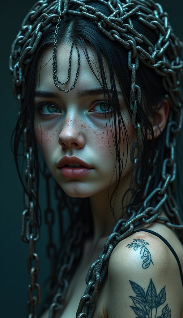 a detailed portrait of a girl with chains, intricate metal chains wrapped around her body, cold metal chains contrasting with soft skin, chains draped across her face, chains hanging from her arms, chains cascading down her back, chains coiled around her legs, the chains have a worn, weathered look, beautiful detailed eyes, beautiful detailed lips, extremely detailed face, long eyelashes, dramatic lighting, dark shadows, high contrast, moody atmosphere, muted colors, blue tones, cinematic composition, breathtaking realism, digital painting, masterpiece, (best quality,4k,8k,highres,masterpiece:1.2),ultra-detailed,(realistic,photorealistic,photo-realistic:1.37)