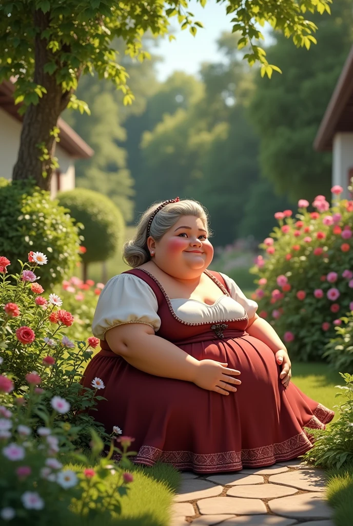 A fat German woman in a garden