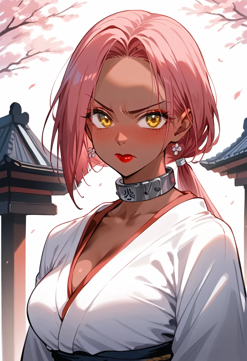ingrid,mature female, (Sexy Gorgeous japanese kimono,low-cut neckline,delicate embellishments:1.2),(no panties),Open neckline,large breasts,(dark-skinned female:1.2), dark skin, determined, pink red hair, ponytail, hair intakes, makeup, lipstick, (mole under mouth:0.8), eyelashes, yellow eyes, looking at viewer,(You Guo),(highres, high quality:1.1), intricate details, cinematic lighting, 1girl,(red blush,embarrassed),(metal dog collar:1.2),