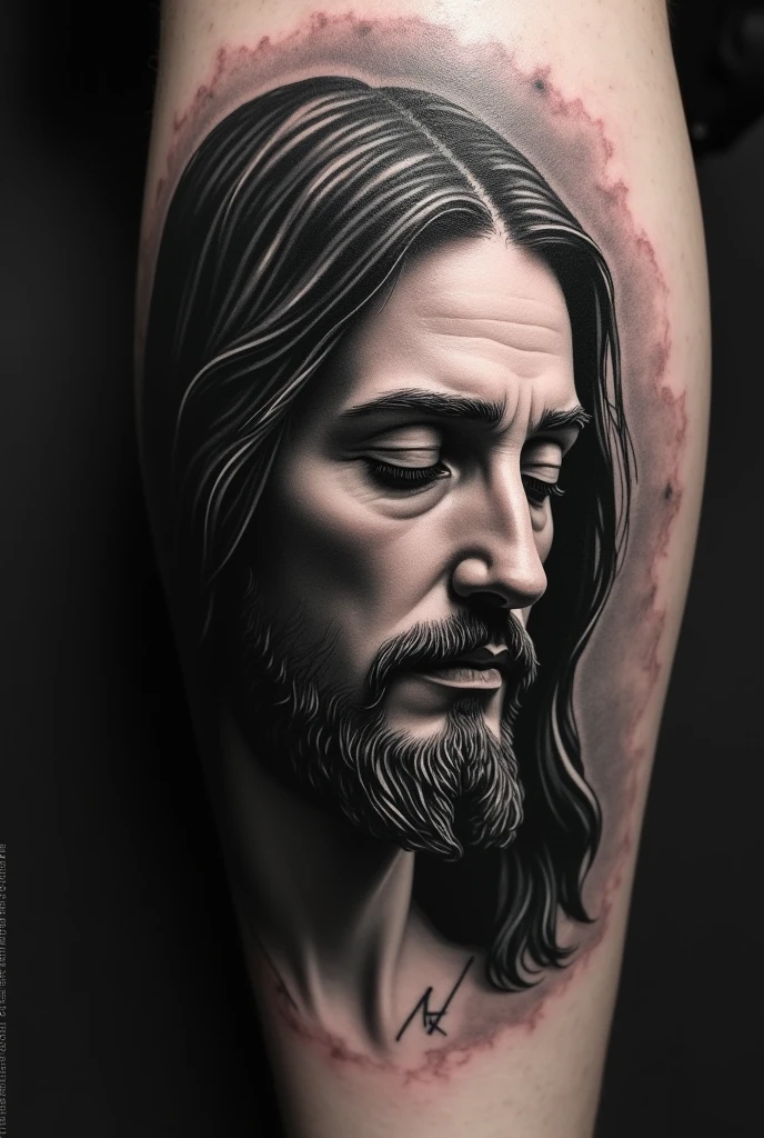 black and gray tattoo of merciful Jesus in profile 