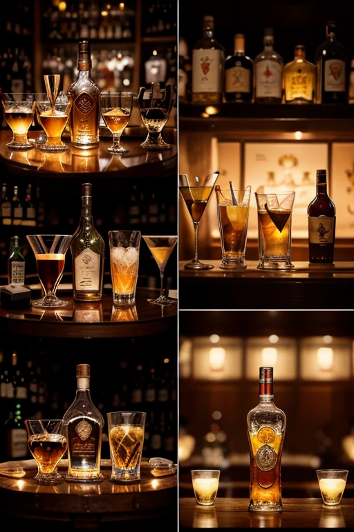 Collage of 9 drawings. Each drawing contains a glass with a bottle of expensive drinks.. Cognac , whiskey, vodka, martini brands "Night flower" written on the bottles. lux, restaurant, 
