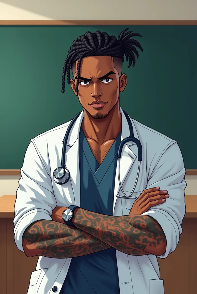 Anime style image of a veterinarian doctor, man, dark-skinned, using braids, with a degraded haircut, with tattoos on their arms, in a classroom with a blackboard in the background