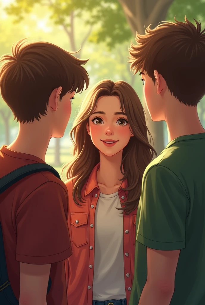 Lily arrived shortly after, her smile radiant as always. She greeted them warmly, but Jack and Alex could barely manage a smile, their initial excitement overshadowed by the awkwardness of the situation. At a park, two teenager boys and one teenager girl with brown hair!!!